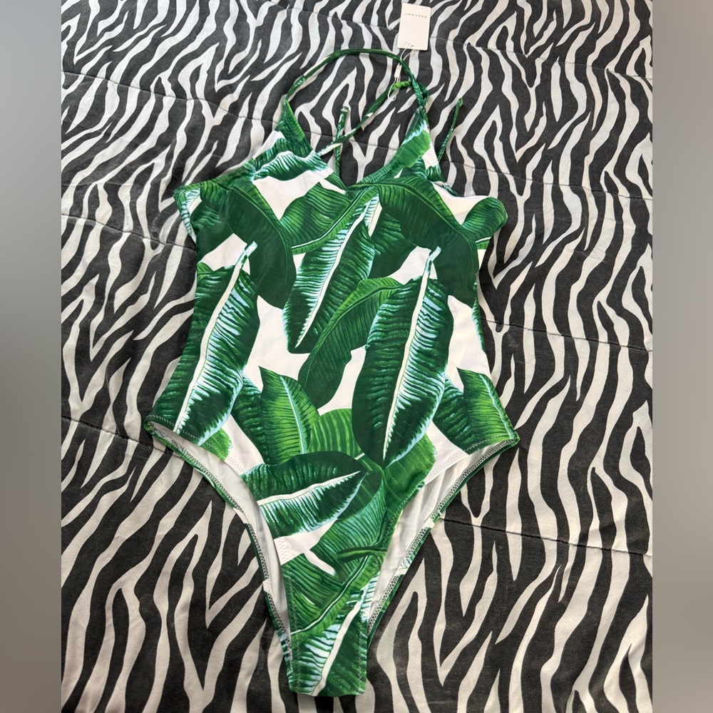 Ekouaer Tropical Leaf Green & White One-Piece Swimsuit sz Large New with Tags